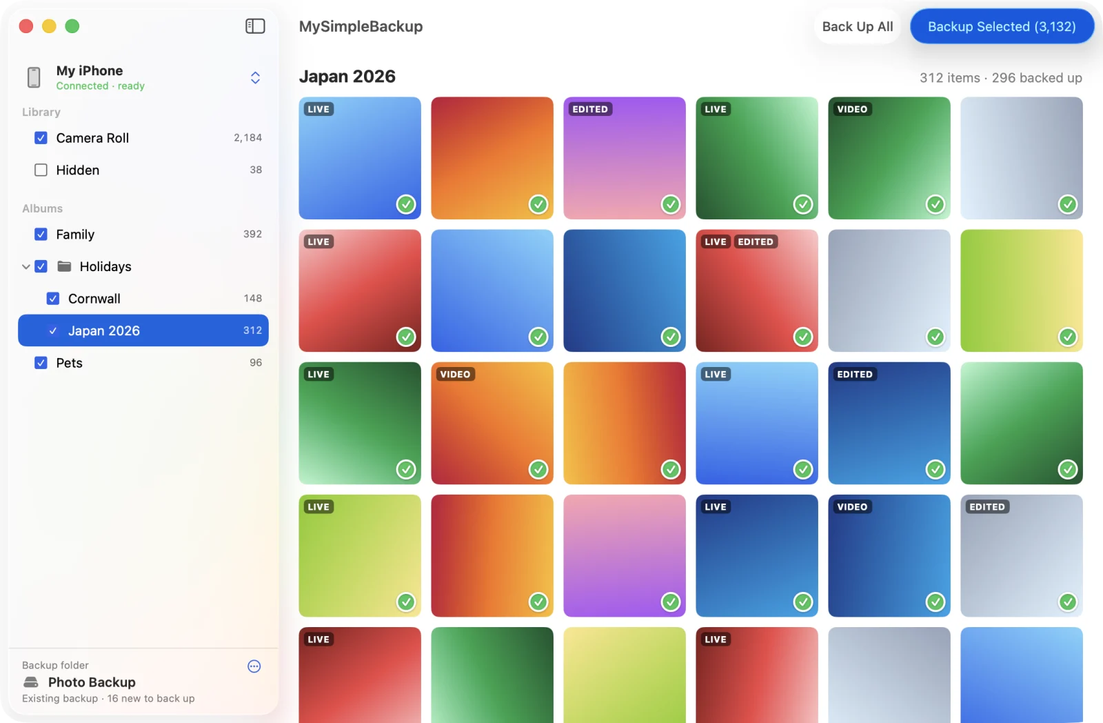 MySimpleBackup showing the Japan 2026 album as a grid of photos marked Live, Edited or Video with green ticks for backed-up items, and a sidebar of albums with tickboxes and a Backup Selected button.